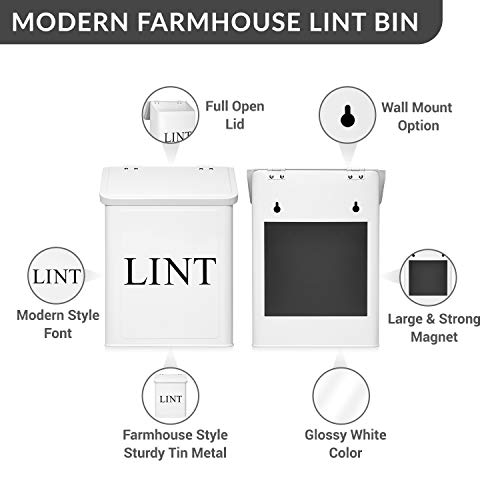Calindiana Modern Farmhouse Metal Magnetic Lint Bin for Laundry Room Decor and Accessories with Lid and Laundry Room Organization and Storage Wall Mount Space Saving Washer and Dryer Trash Can, White - Image 2
