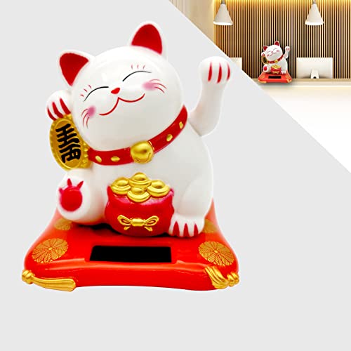 KOXXUD Lucky Cat Waving Arm Set, Vivid and Lovely Chinese Cat, Solar Fortune Cat Statue Decorations for Decorating Front Desk, Car, Business Openings, 2.95IN, White, 1PCS