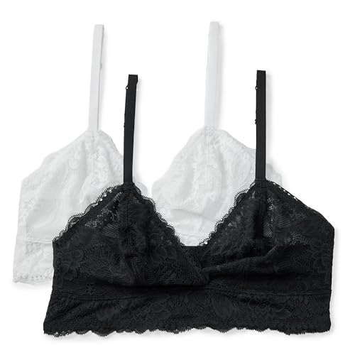 Amazon Essentials Women's Stretch Galloon Lace Unlined Longline Triangle Bralette, Pack of 2, Black/White, Medium