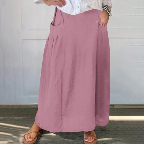 Women's Bohemian Skirts Solid Plus Size Loose Comfy Skirt Casual Dress Skirts High Waist Long Skirt with Pockets2