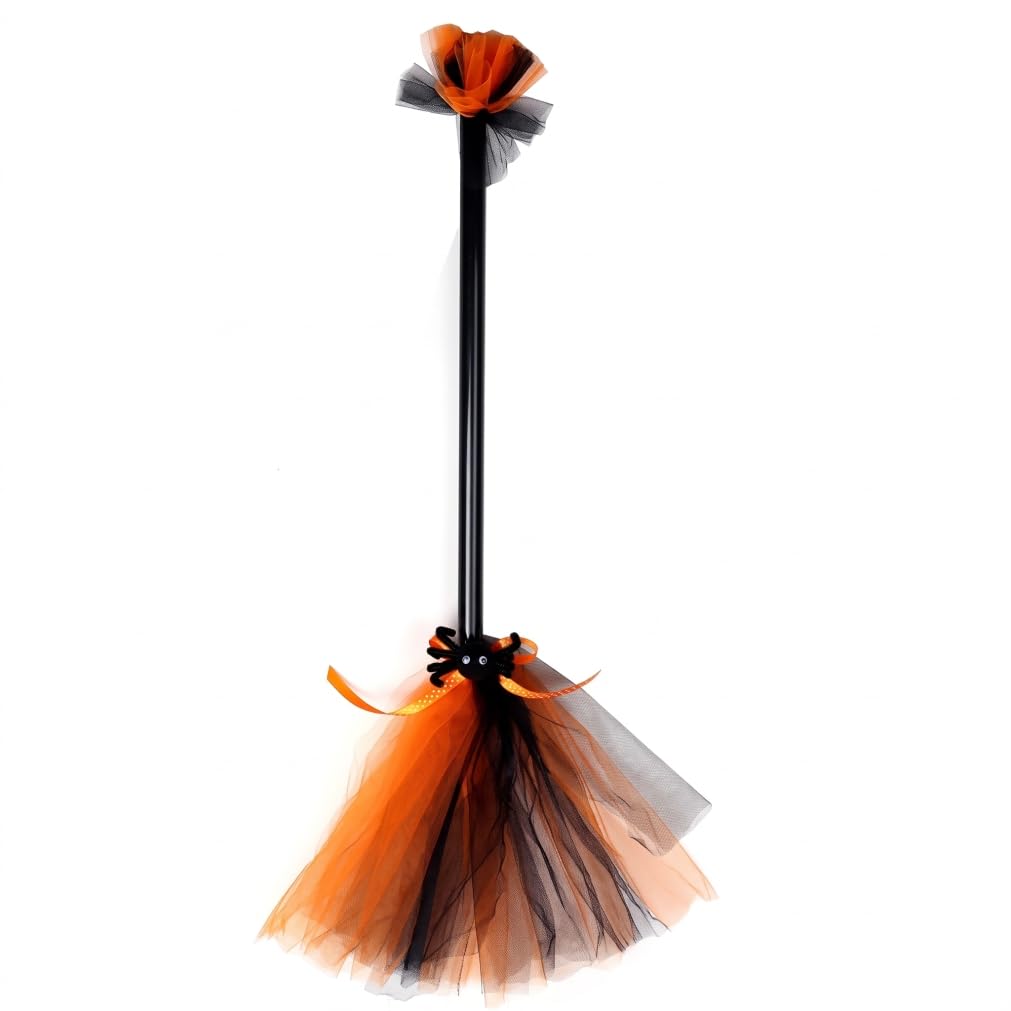 Witch Broom, Halloween Witch Broomstick With Spider & Mesh Decor, Orange