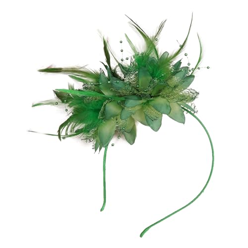 Bailinks Cerchietto Elegante con Fiori e Piume, Accessorio Vintage per Capelli da Donna, Ideale per Cerimonie, Cocktail e Feste, Fascinator per Tea Party (Verde)