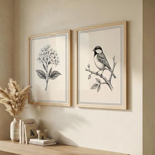 Image of NoWorries Wall Art Set of 2 Framed Prints | Vintage Botanical, Nature Bird, Coffee, Motivational & Modern Aesthetic Wall Decor for Living Room, Bedroom, Office & Home (Art-7, 25x37inch)