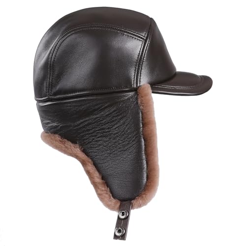 BOONJOVIA Mens Shearling Sheepskin Leather Aviator Russian Ushanka Trapper Peaked Winter Fur Hat (US, Alpha, Medium, Brown)
