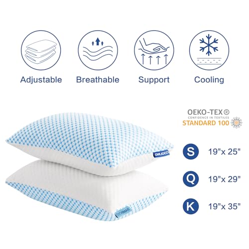 EASELAND Adjustable Cooling Shredded Memory Foam Pillows - Queen Size 2 Pack