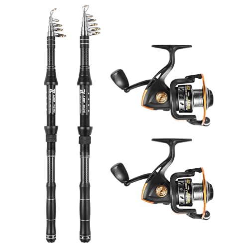 Eacam Fishing Rod Reel Combo, 2PCS Fiberglass Telescopic Fishing Rod with Spinning Reel, Fishing Line, Lures Hooks, Jigs Swivels, Saltwater Freshwater Travel Fishing Kit