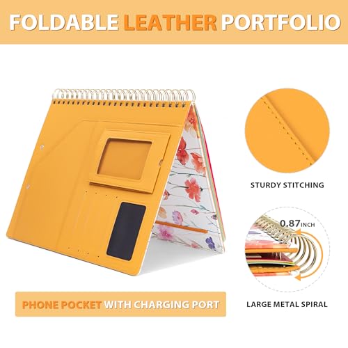 Image of Ospelelf Clipboard with Storage for Women, Leather Padfolio Portfolio Organizer 5 Folders with 10 Pockets, Spiral Clipboard Folio with Notepad for Letter Size, Elastic Closure and Pen Loop Flowers