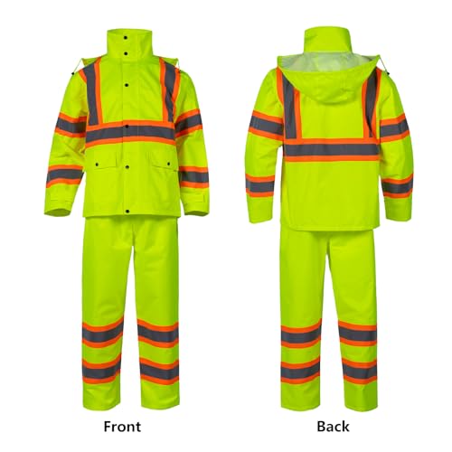 Class 3 Safety Rain Suit Waterproof Work Jacket & Pants with Collapsible Hood, Hi Vis Rain Suits for Men2