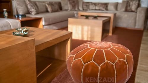 KENZADI Stuffed Genuine Leather Pouf Handmade Stitched in Marrakech by Moroccan Artisans (Tan)