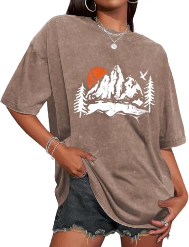 T Shirt für Damen Oversize Rundhalsausschnitt Tops Sommer Basic Tees Bluse(Braun Sonnenberge L)