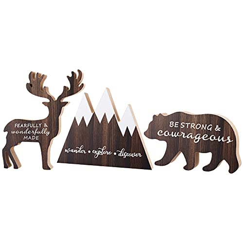Image of Jetec 3 Sets Wooden Mountain Decor Woodland Inspirational Quote Wood Sign Wander Explore Discover Neutral Nursery Table Decoration Centerpiece Wooden Mountain Deer Bear Decor for Room