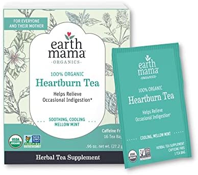 Earth Mama Organic Heartburn Tea | Pregnancy-Safe Soothing Herbal Blend with Marshmallow Root, Lemon Balm & Chamomile, 16 Teabags Per Box