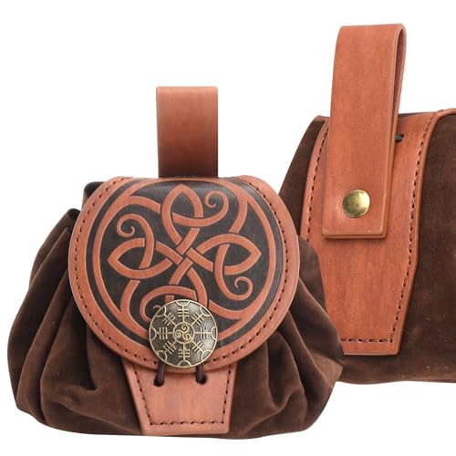 Gürteltasche Mittelalter Tasche, Braun Gürteltasche Leder mit Kordelzug und Verstellbarer Befestigung, Männer und Frauen Lederbeutel Mittelalter Geeignet für Cosplay, Partys, Festivals und Den Alltag
