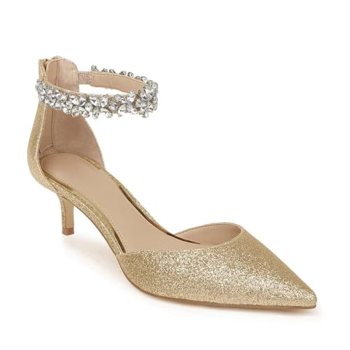 Guayonng Women's Wedding Rhinestones Low Kitten Heels Pumps Pointed Toe Dress Evening Shoes for Women Bridal Bride, Gold, Size 7