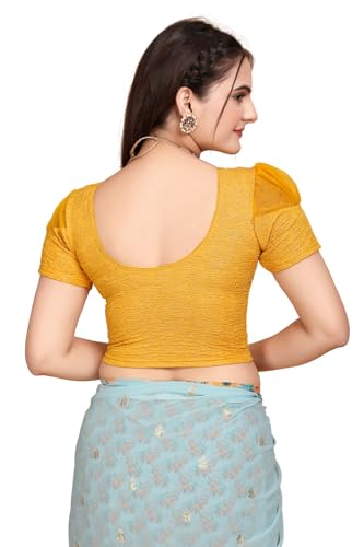 Image of SFT Women's Organza Patch Readymade Saree Blouse with Round Neck Half Sleeves Abstract Pattern Pull On Closure Regular Fit and Standard Length