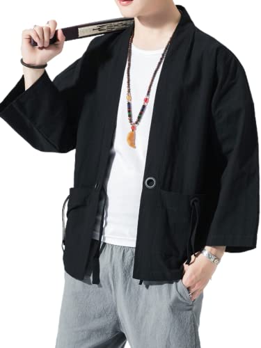 Image of Men's Japanese Kimono Cardigan Loose Cotton Linen 3 /4 Sleeve Open Front Casual Summer Shirt Jackets