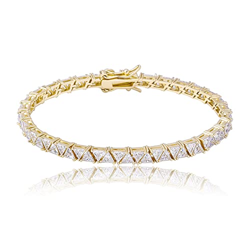 JINAO 4MM Double Triangular Cut Link Tennis Chain Bracelet 18K Real Gold Plated Iced Out Cubic Zirconia Triangle Cut Tennis Bracelet for Men Women