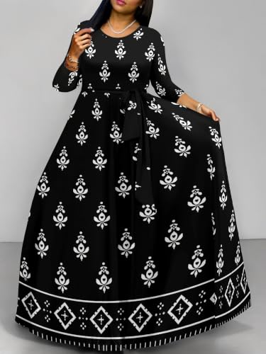 Image of Women Plus Size Long Sleeve V Neck Maxi Dress with Belt | Soft fabric relaxed fit three quarter sleeve v neck with pockets for party and daily wear