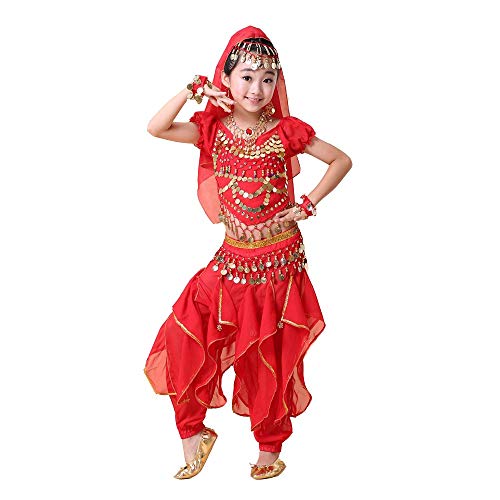 Girls Arabian Princess Halloween Indian Dance Costume Genie Performance Belly Dance Sets for Dress Up Party 7-Piece Outfits (Red, L(Height 49-53"))
