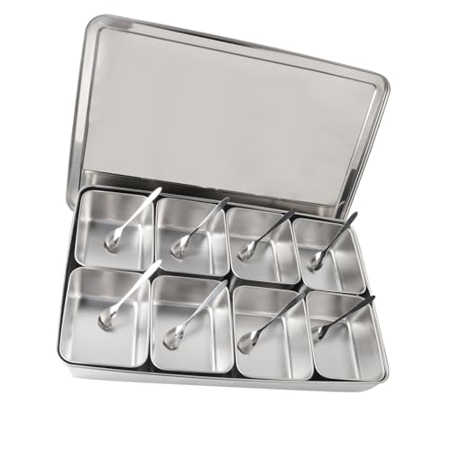 Organizador de especias de metal de alta calidad, 8 compartimentos, caja de almacenamiento de especias plateada, contenedor esencial para hierbas, condimentos y especias, diseño duradero y elegante