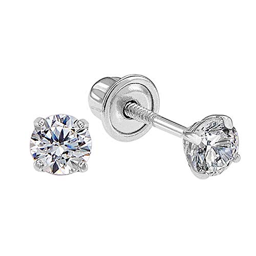 14k White Gold Solitaire Round Cubic Zirconia CZ Stud Earrings in Secure Screw-backs (2.5mm)