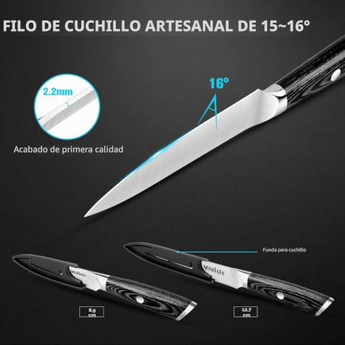 Miniatura 4 de Mosfiata Juego De 2 Cuchillos De Cocina, Cuchillo Multiusos De 13cm Y Cuchillo Pelador De 9cm Con Funda Para Carnes, Verdura Y Fruta