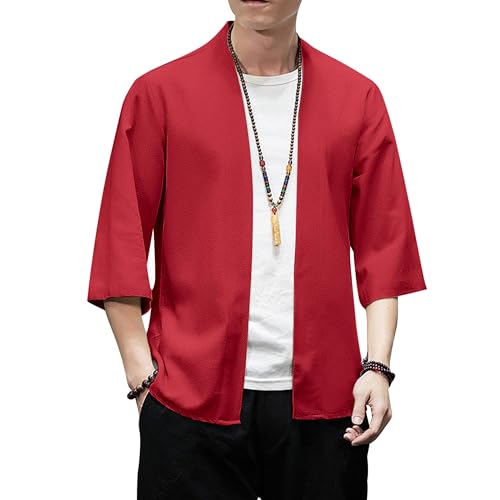Image of PRIJOUHE Men's Kimono Jackets Cardigan Lightweight Casual Cotton Blends Linen Seven Sleeves Open Front Coat Outwear