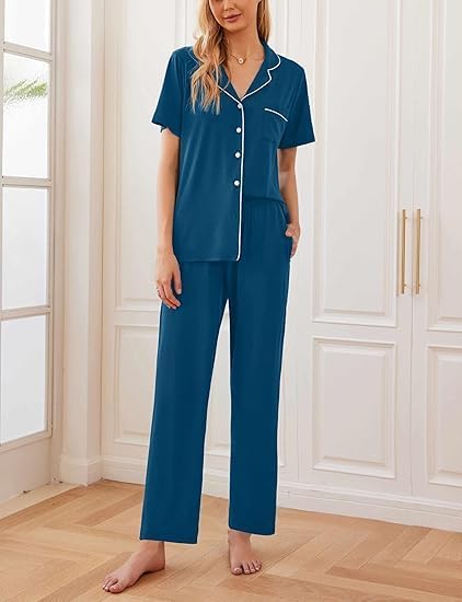 Ekouaer 2 Pack:Womens Pajamas Short Sleeve Pjs Notch Collar Button Up Loungewear Cozy Sleepwear Sets - Image 2