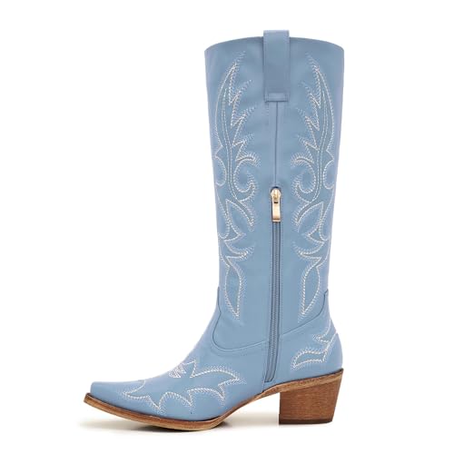 Image of Uillnoodu Women's Turquoise Cowgirl Boots - Wide Calf Mid Calf Western Boots Plus Size Embroidered Cowboy Style with Block Heel