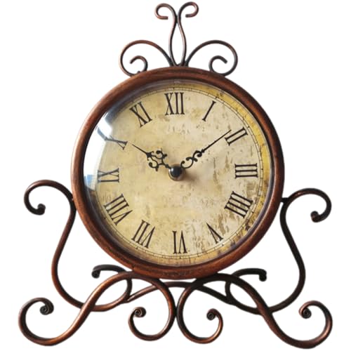 SEWACC Reloj de Mesa Retro de Hierro Forjado Marrón sin Pilas Reloj Silencioso Vintage para Repisa de Chimenea Decoración Creativa para Sala de Estar y Dormitorio