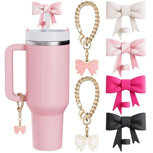 Compatible with Stanley Cup Accessories - 4Pcs 10mm Cute Bow Straw Topper Compatible with Stanley Cup Straw Cover Cap, 2pcs Bow Charms for Stanley 30&40 Oz Tumbler with Handle
