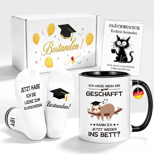 TUZELIYA Abitur 2026 Geschenke - 3-teilig Tasse Faultier mit Geschenkbox - Mutmacher Geschenk zum Abitur mit Socken & Karte - Abifeier Geschenkidee für Mann & Frau - zur Bestandenen Prüfung