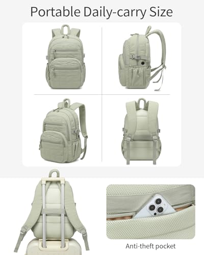 Image of Cute Laptop Backpack for Women, Quilted College Bookbag with Tumbler Holder Pocket for Nurse Teacher Work Travel, Puffer School Backpack for Teen Girls Big Student, Green