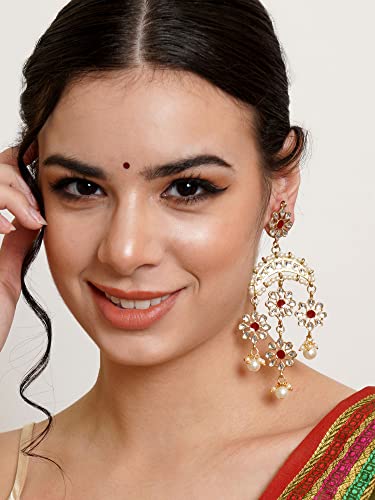 Image of Karatcart Gold Plated Floral Red Meena Kundan Dangler Earrings for Women