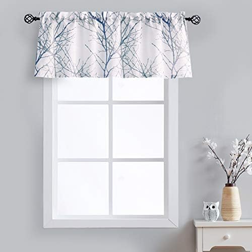 FMFUNCTEX Blue Kitchen Valance Curtain for Living Room Grey Branch Print on Linen Texture Look Window Valance for Bedroom 50" W x 18" L, 1 Panel, Rod Pocket
