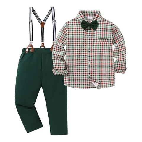 SANMIO Boy Clothes Suit, Boys Gentleman Wedding Outfit Formal Dress Shirt with Bowtie+Suspender Pants 5-10 Years Cover