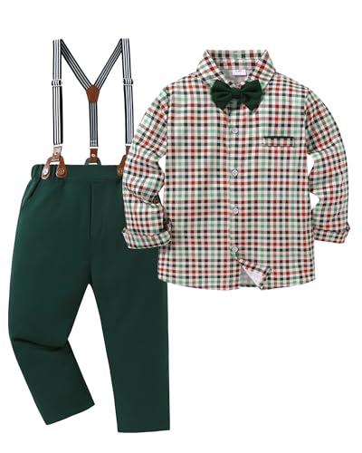 Image of SANMIO Boy Clothes Suit, Boys Gentleman Wedding Outfit Formal Dress Shirt with Bowtie+Suspender Pants 5-10 Years