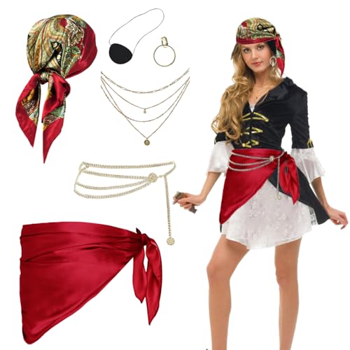WETEPUXI 6pcs Women Pirate Accessories Costume Head Scarf Waist Belt Eye Patch Halloween Pirate Set (Red)