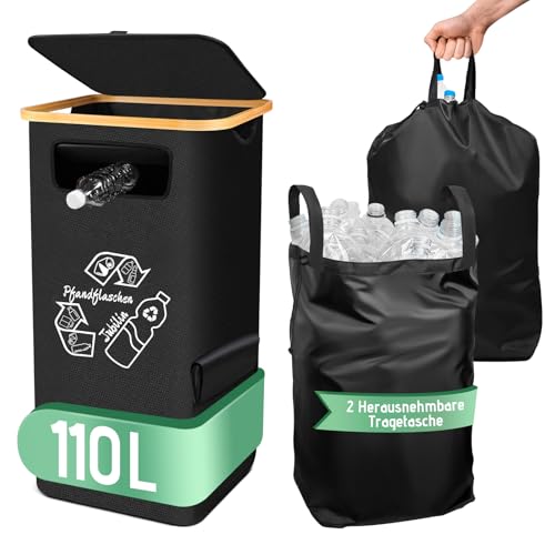 Jubilin Deposit Bottles Collection Container with Lid, 110L Foldable Waterproof Bottle Collector for Kitchen, Black, 40*33*80 CM, 2 Removable Storage Bags