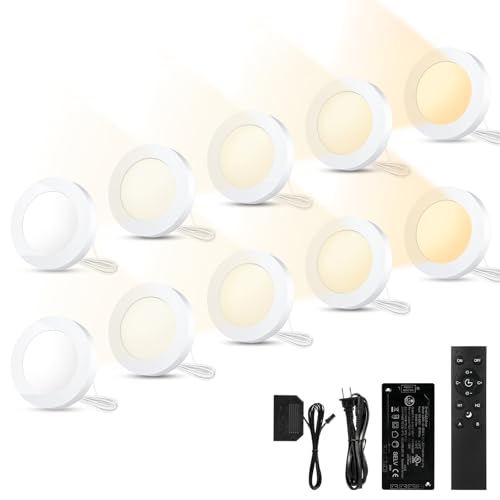 VST Smart Puck Lights, 10 Pack, 3000K-6000K Dimmable Under Cabinet Lighting, Compatible with Alexa & Google Home, App & Remote Control, 12V 2W, Recessed/Surface Mount, White for Kitchen Display Case