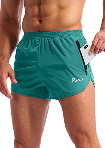 Pudolla Men’s Running Shorts 3 Inch Quick Dry Gym Athletic Workout Shorts for Men with Zipper Pockets(Forest Green Medium)