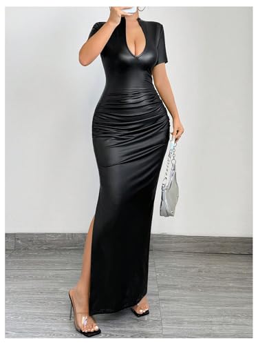 Floerns Vestido feminino de couro, manga curta, fenda, justo, colado ao corpo, colado ao corpo, Pret