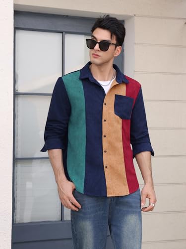 WDIRARA Men's Corduroy Button Down Long Sleeve Colorblock Shirt Collar Tops2
