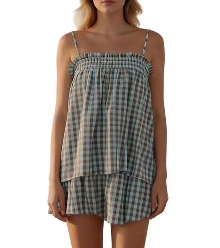 Image of SOOKABEILA Women 2 Piece Lounge Set Sleeveless Striped Cami Peplum Top Boxer Shorts Loose Ruffle Matching Pj Sets Outfits