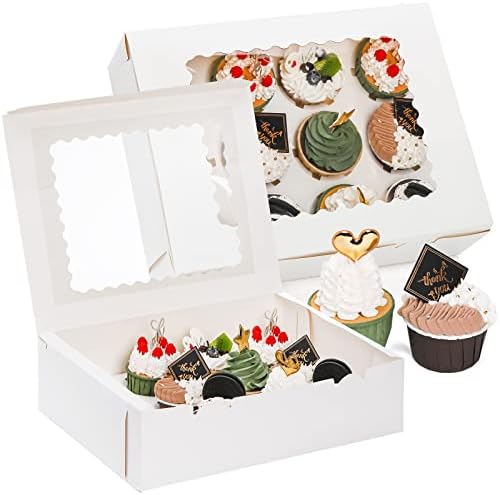 Jucoan 20 Pack Cupcake Boxes 12 Counts White Paper Cupcake Container with Inserts and Window, Bakery Container Dozen Cupcake Carrier Boxes for Muffins, Cookies, Pastry