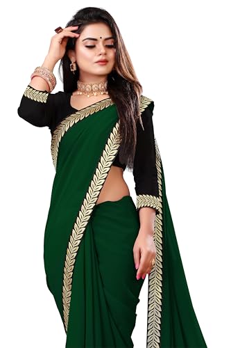 Sari de georgette verde botella blusa de algodón PICHA y encaje suave talla única