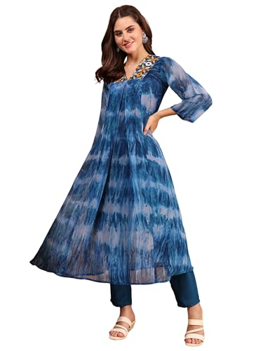 Image of EthnicJunction Women Georgette Relaxed Fit Tie & Dye & Embroidered A-Line Flared Kurta,Summer Kurta,Kurta For Office,Long Kurti