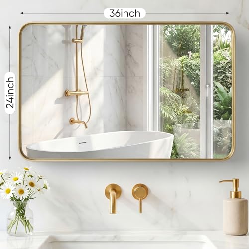 Image of Sweetcrispy Bathroom Mirror 36x24 Inch Metal Framed Rounded Rectangle Vanity Mirror for Wall, Over Sink, Farmhouse, Restroom, Anti-Rust, Modern Decorative, Horizontal or Vertical Hanging, Gold