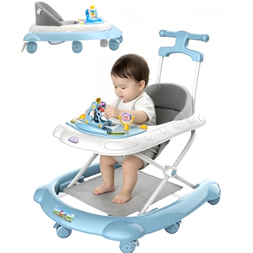Baby Walker with Wheels 4 in 1 Walker for Baby Boy Girl 6-12 Months with Bouncer Music and Lights Baby Jumper Activity Center Adjustable Height Speed Push Walker for Toddler (Blue 2)