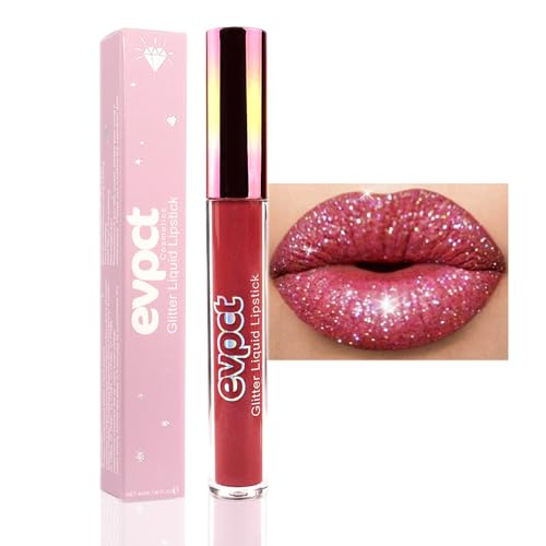 Image of evpct 1Pcs Wine Red Matte to Glitter Liquid Lipstick Lip Set Kit, Long Lasting Matte Diamond Glitter Lip Gloss Waterproof, Colorful Sparkly Glossy Metallic Shimmer Sparkle Lipstick for Women 06#